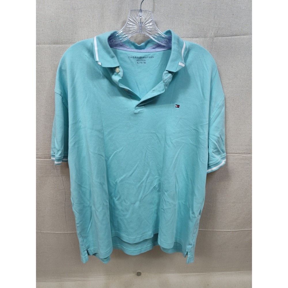 Tommy Hilfiger Mens XL Aqua Blue Tipped Short Sleeve Polo Shirt Logo Classic Fit